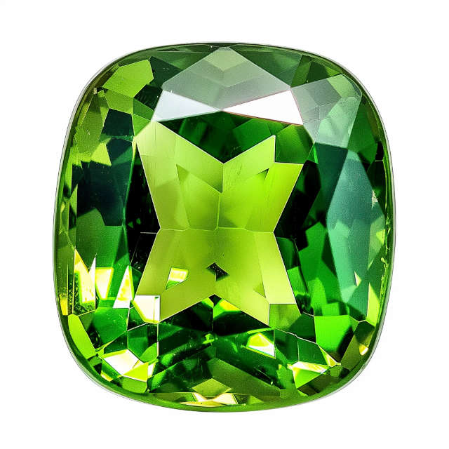 A vivid green peridot gemstone in a long cushion cut